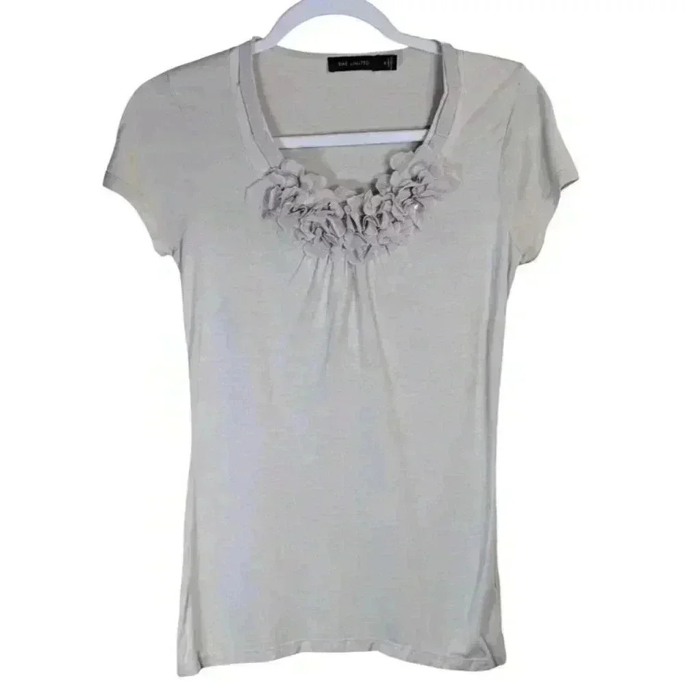The Limited Tan Taupe Ruffle Neck Short Sleeve Stretch Top Blouse Sz S